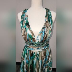Dave & Johnny Teal and Aqua Floral Halter Maxi Dress - PROM DRESS